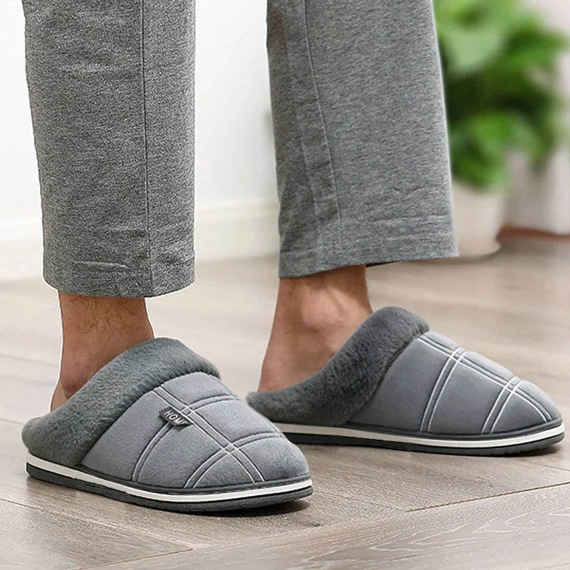 Large size 50-51 Plaid House Slippers for Man Memory Foam Winter Plush Indoor Male Shoes Warm Home Slippers 2024 Non Slip Black