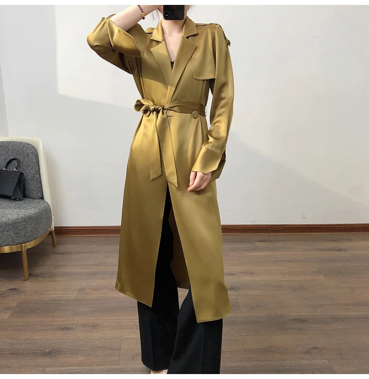 Lautaro Spring Autumn Long Soft Luxury Elegant Flowy Satin Acetate Trench Coat for Women High Quality Chic British Fashion 2022
