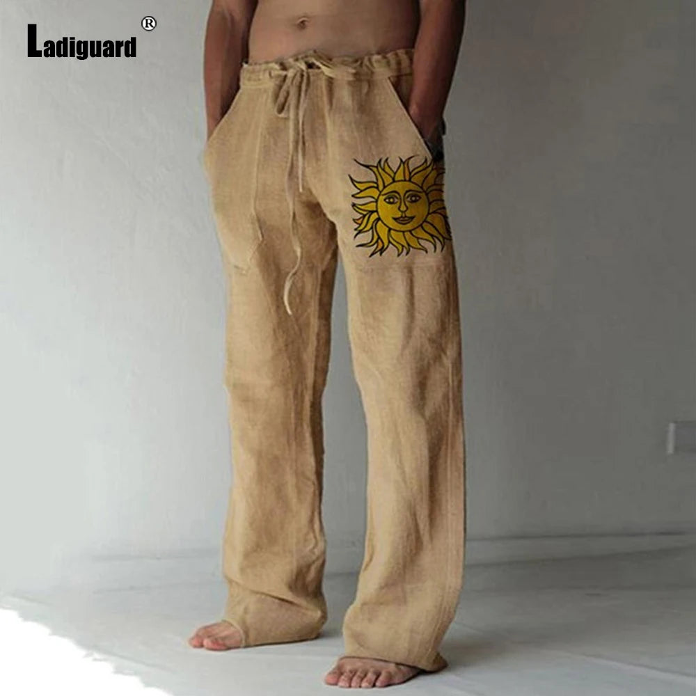 Plus Size 5xl Mens Loose Pants 2025 Summer Casual Linen Pants Male Fashion Print Trouser Men Patchwork Drawstring Leisure Pant