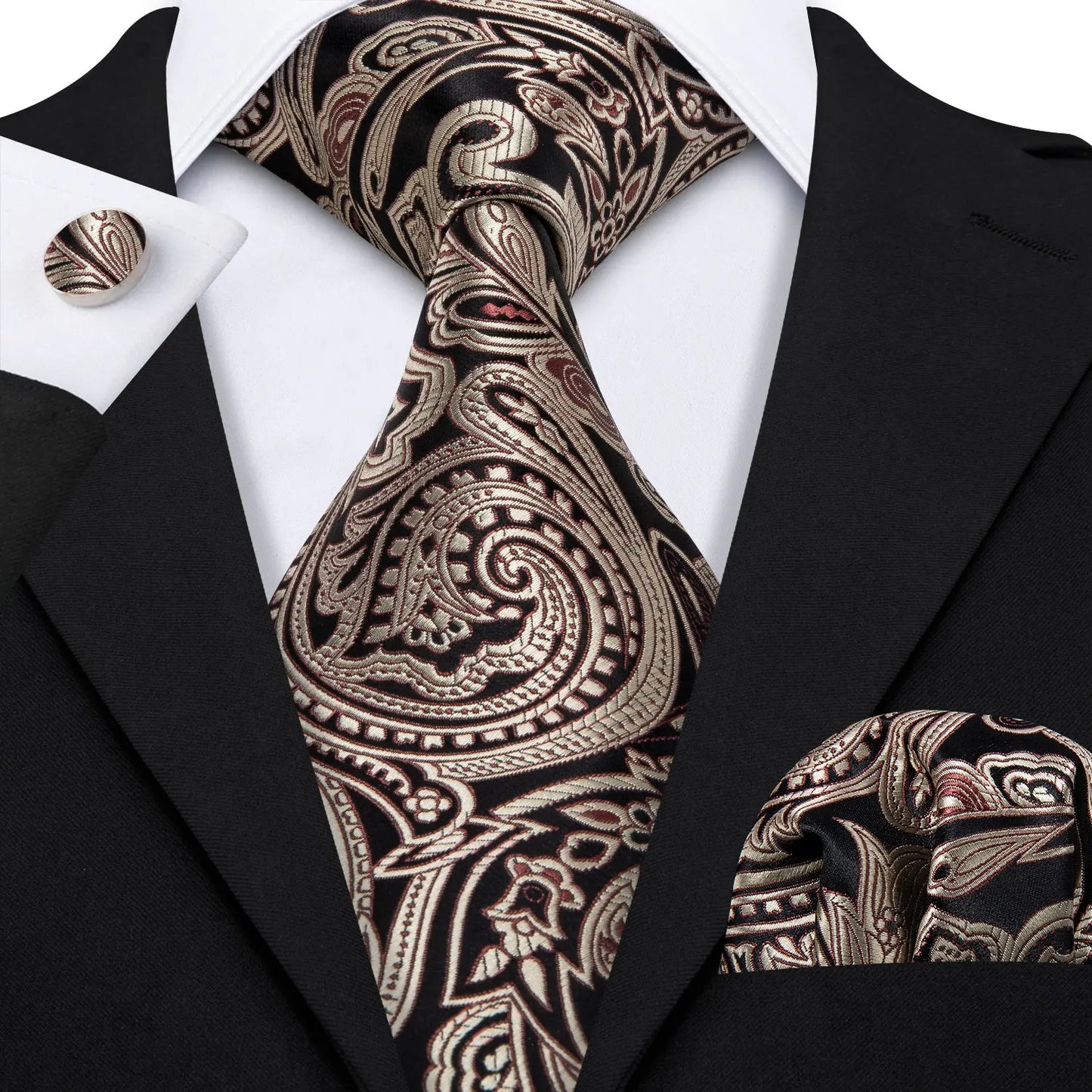 Barry.Wang Orange Brown Silk Mens Tie Hanky Cufflinks Set Gold Coffee Jacquard Designer Necktie For Male Wedding Business Party