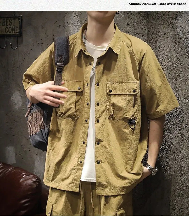 Trendy Cargo Summer Clothes Set Men Short Sleeve Shirt with Pockets And Shorts Solid Casual Safari Outdoor Outfits