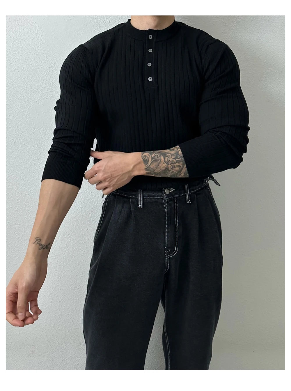 Autumn Clothing Men's Light Luxury Knit Korean Popular Henry Collar T-shirt Button-down Long Sleeve Retro Leisure Knitwear