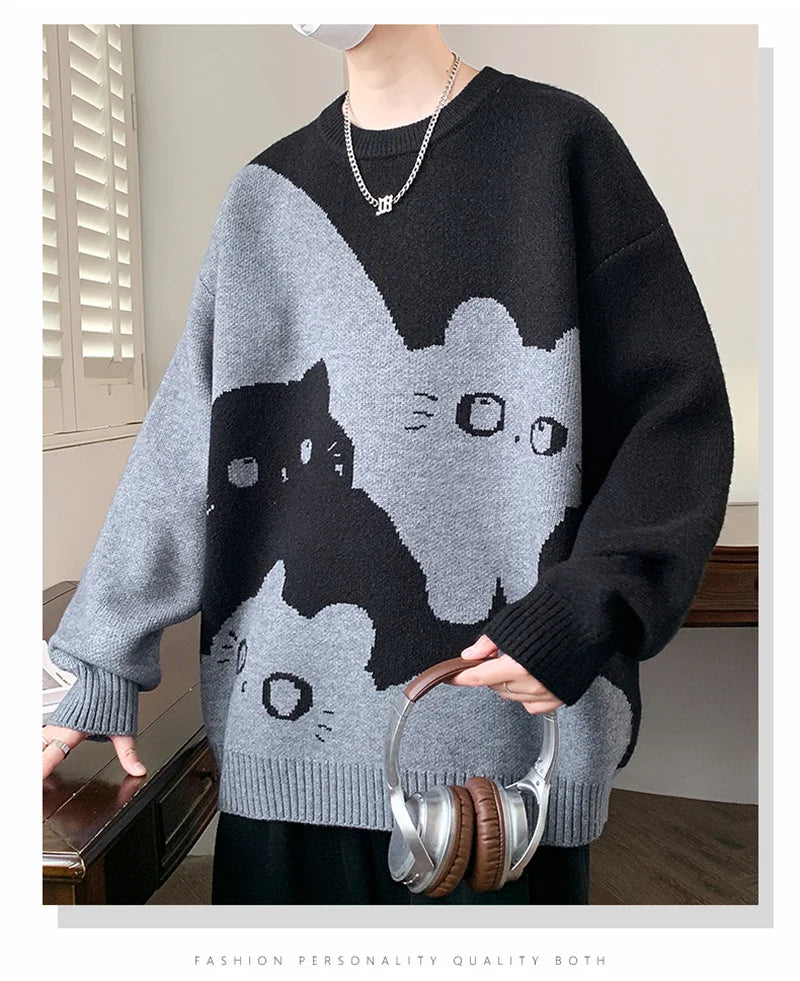 Winter Men's Anime Cat Jacquard Crewneck Knitted Sweaters Hip Hop Fashion Graphic Printed Y2K Jumpers Streetwear Knit Pullovers