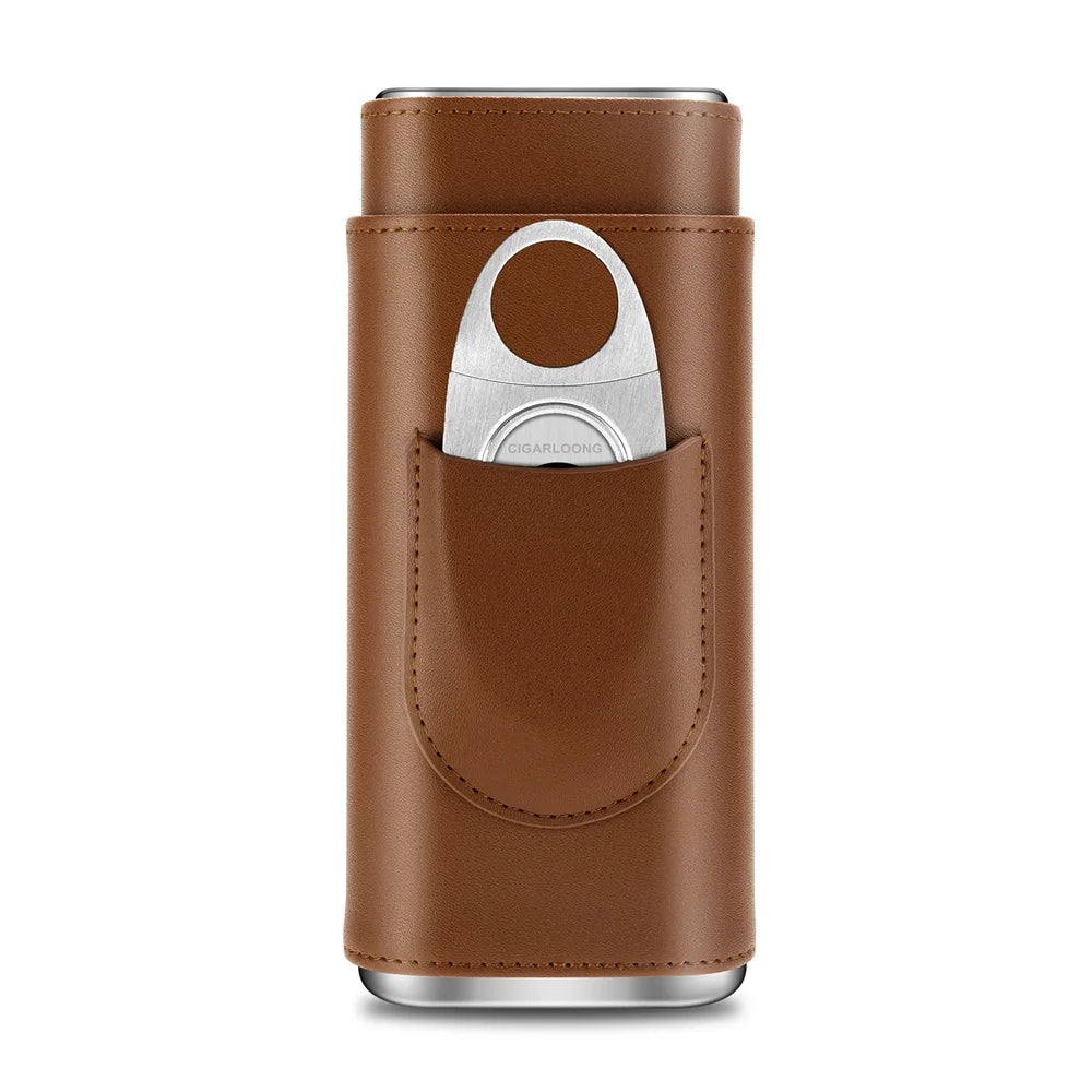 3-pack Cigar Case Luxury Portable Leather Holder Box Storage with Stainless Steel Sharp Cigar Cutter Smoking Accessories CH-24FA