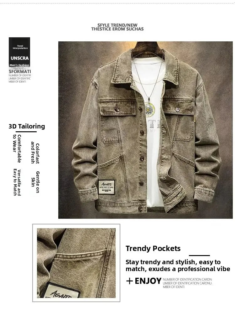 Stylish Versatile Men's Denim Jacket Autumn Spring Trendy Korean Version Casual Long Sleeve Standard Fit Outerwear Coat