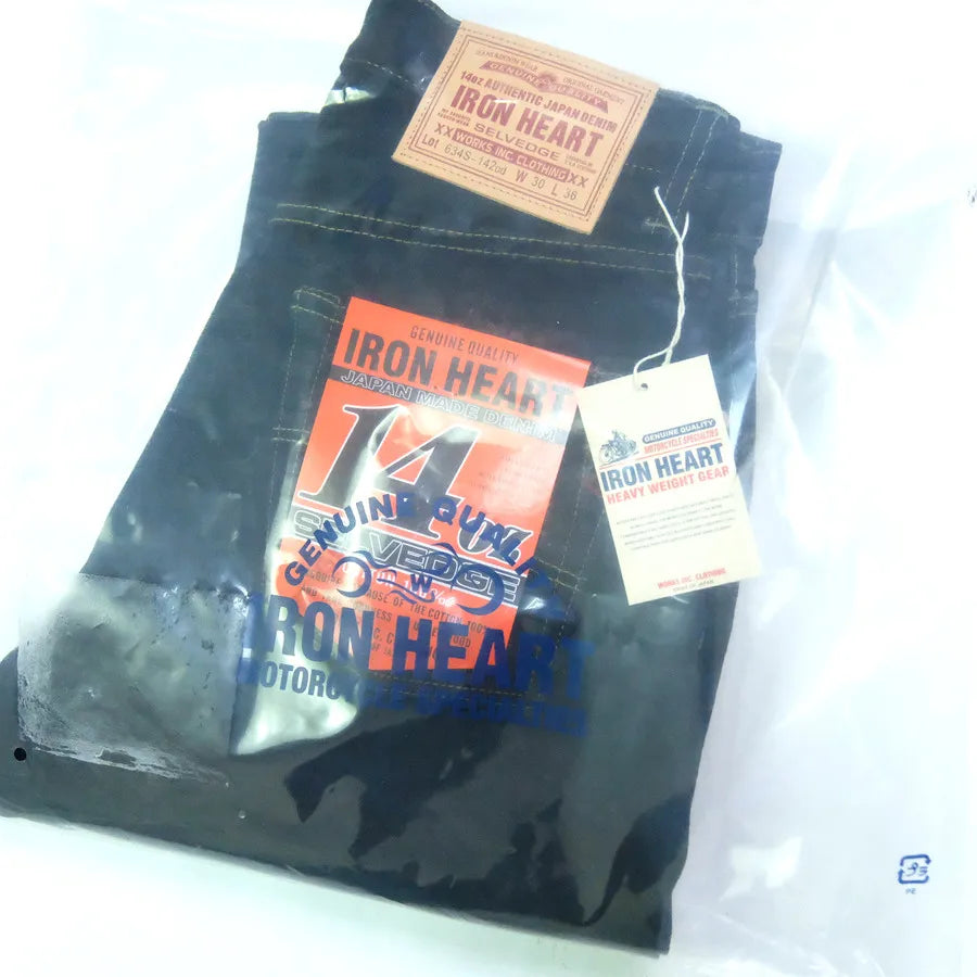 IRON HEART Indigo-Sulfide Black 634s Double Dyed 14oz Denim Jeans, One Wash