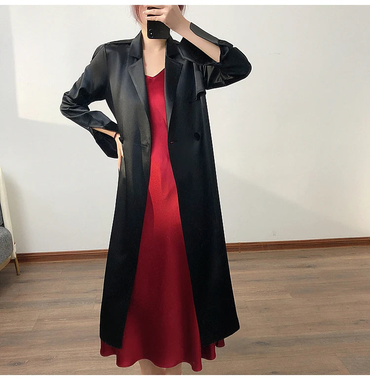 Lautaro Spring Autumn Long Soft Luxury Elegant Flowy Satin Acetate Trench Coat for Women High Quality Chic British Fashion 2022
