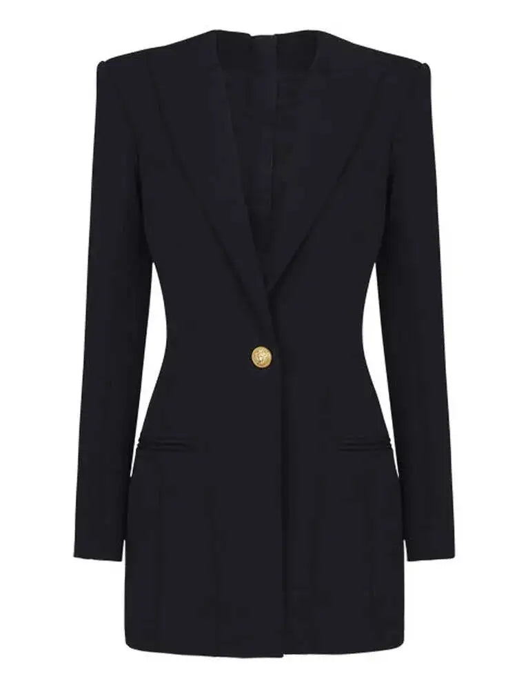 LGRQ 2026 Spring Fashion Women Clothes Notched Collar Full Sleeves Metal Single Button Slim High Waist Blazer Office Lady