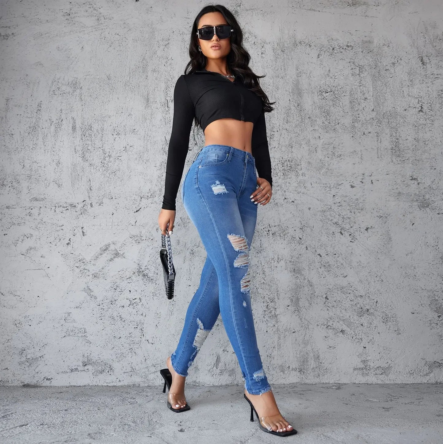 Women's Skinny Jeans Hole Design Spring Summer New Style Butt Lifting Long Trousers Comfortable Fit Denim Pants