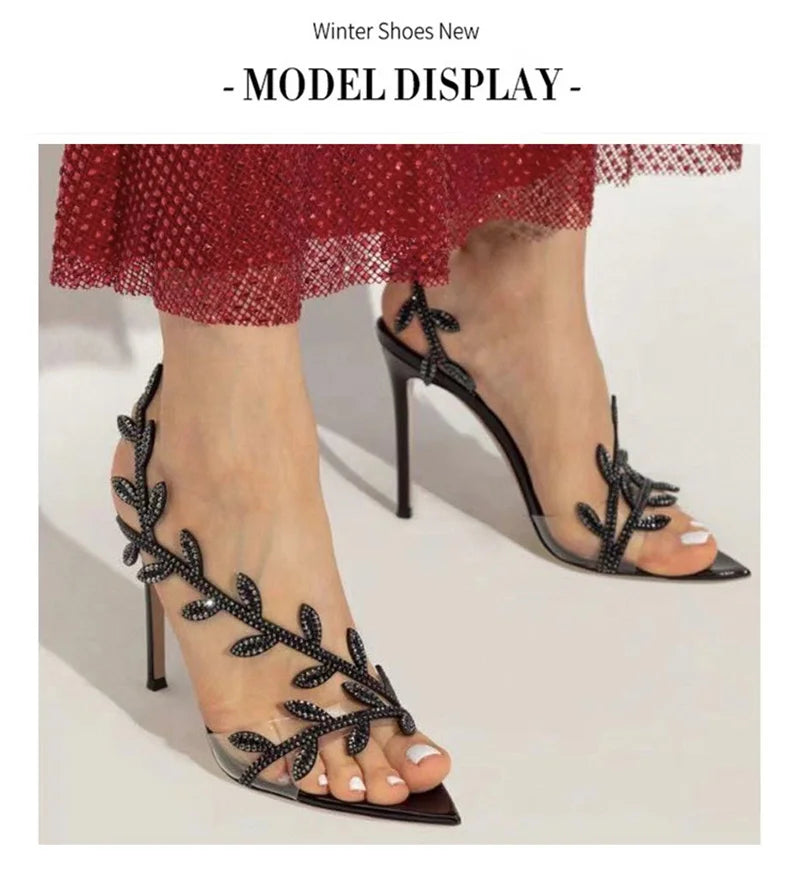 European American Pointed-Toed Rhinestone Leaves Thin Heel Sandals 2025 Spring And Autumn New Style Fashionable Elegant Party