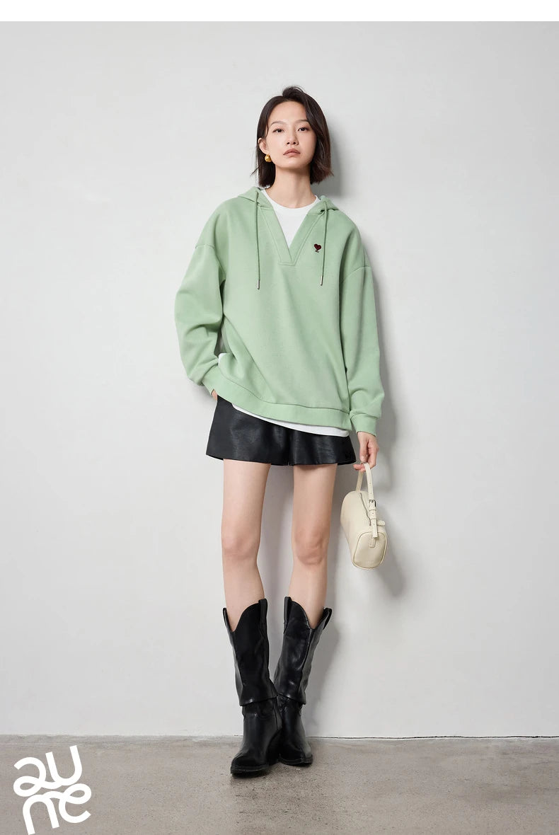 TOYOUTH Women Hoodies Sweatshirt 2024 Autumn New Heart Patter Embroidery Fake Two Piece Hooded Pullover Tops