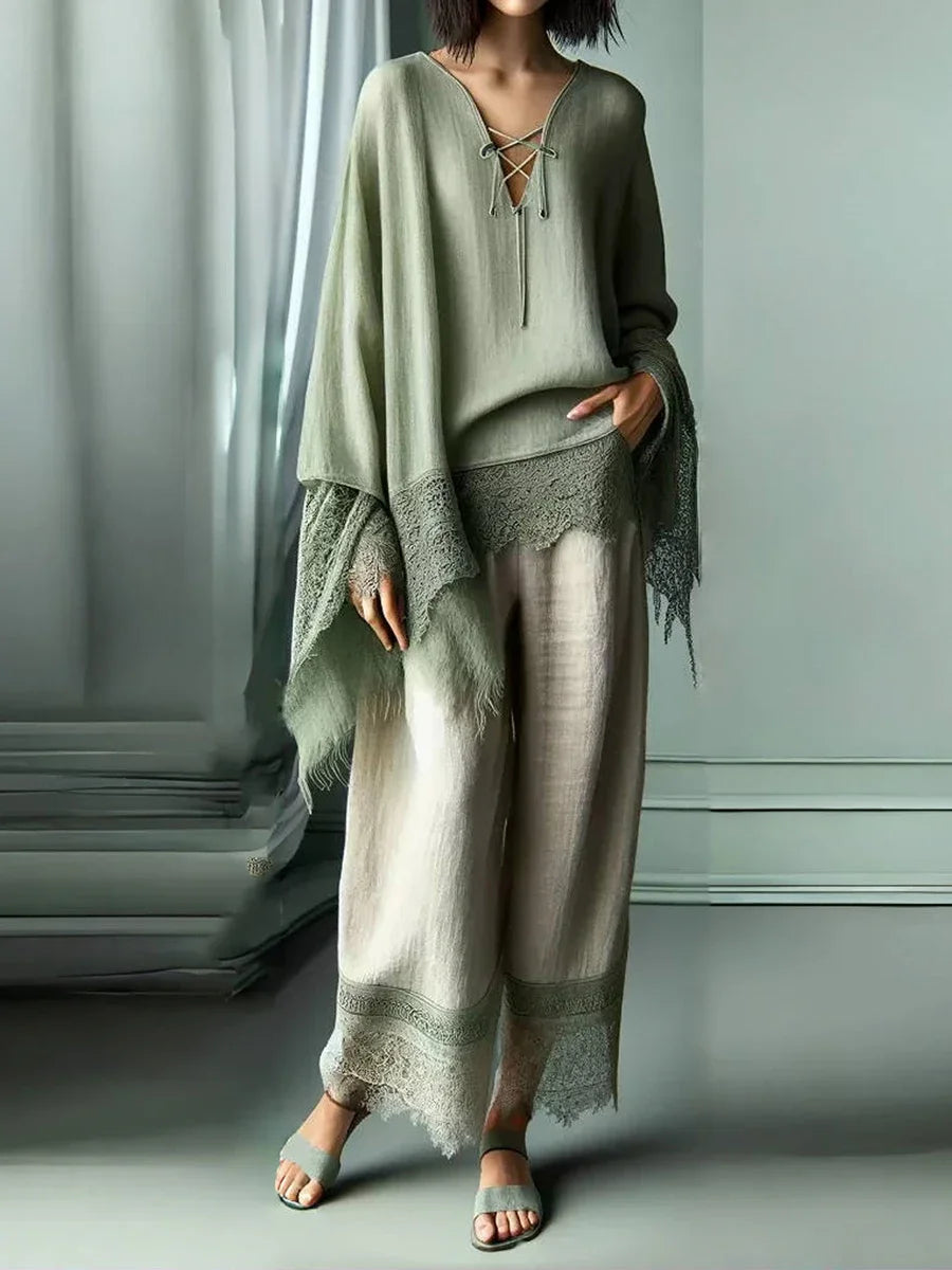 Women's Casual Trousers Fashion Bohemian Ethnic Style Sexy Lace Patchwork Solid Color High Waist Loose Women's Wide-Leg Pants
