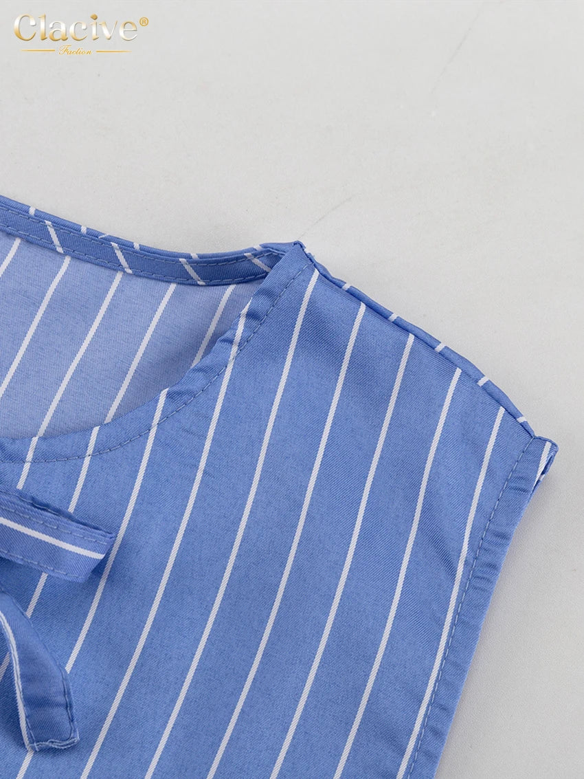 Clacive Summer Loose Blue Stripe 2 Piece Set Woman Outfit 2025 Fashion Sleeveless Tank Top With High Waist Wide Pants Set Female