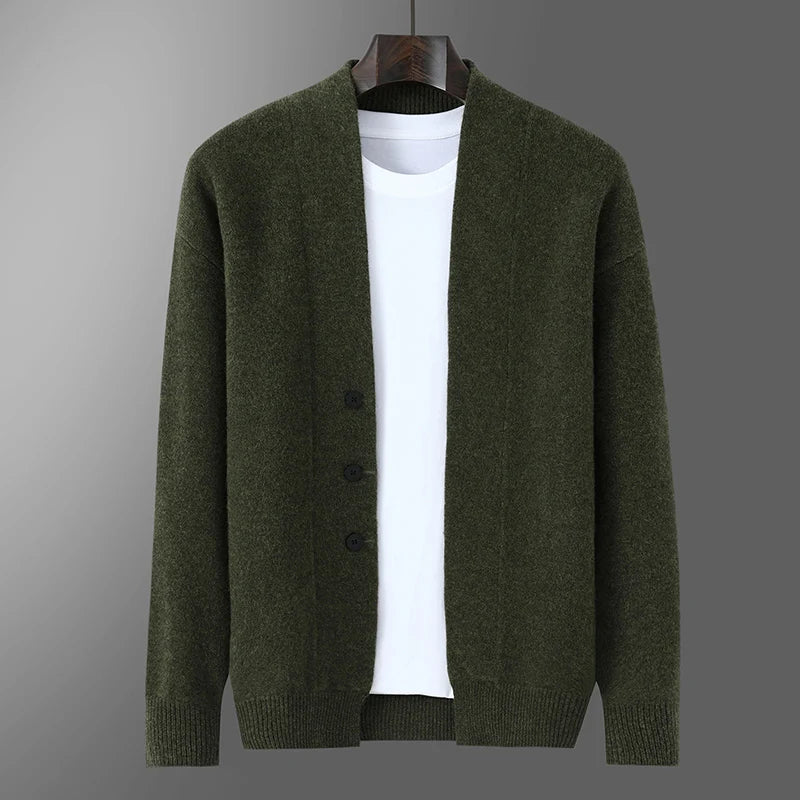 2025 Autumn Winter New Thick Cardigan 100% Pure Wool Men's Versatile Jacket V-Neck Loose Casual Highend Knitted Cashmere Sweater