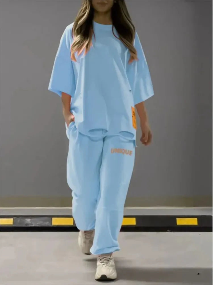 Summer New Fashion Hollowed Out O Neck T Shirt Women's 2 Piece Set Solid Color Casual Relaxed Tracksuit Pants Pocket Female Suit