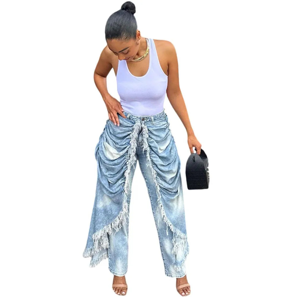 Women Solid Jeans Pants Denim Pleated Trousers Fuzzy Edge Full Lenth Mid Waist Zipper Straight Y2k Streetwear Casual 2026 Spring