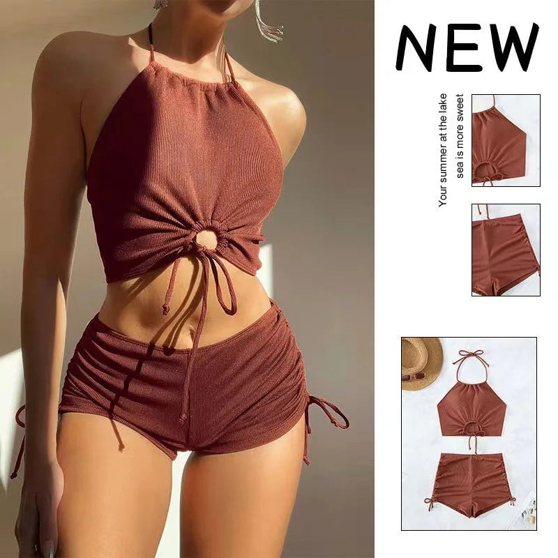 Solid Color Halter Neck Bikini Separate Swimwear Women's Sexy Strapless Top for Beach Vacation Hot Spring Summer Swimwear