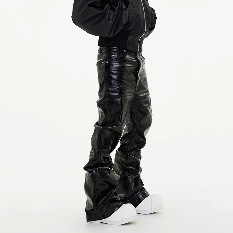 PFNW New Spring Men's Jeans Loose Wide Leg Coating Glossy Patent Leather Straight Male Denim Pants Niche Style 2025 12C509