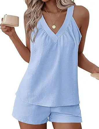 New Summer Women's 2-piece Set Pink V-neck Vest Elastic Pocket White Stylish Black Shorts Set