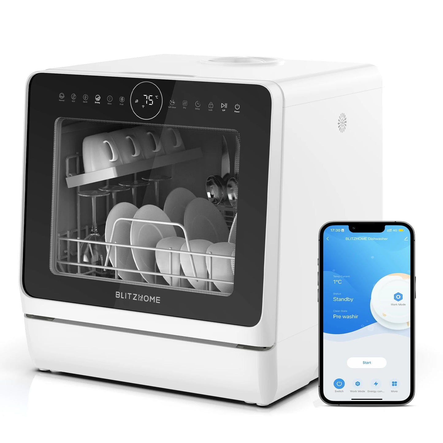 BLITZHOME BH-4-CDW Compact Smart Countertop Dishwasher APP Control 8 Programs 3D 360° Dual Spray With 5L Built-in Water Tank