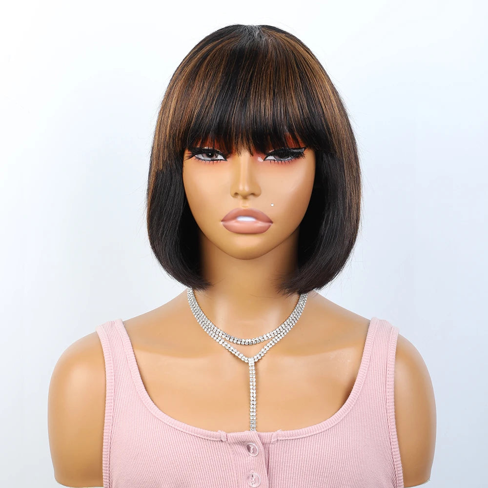 Brazilian Short Straight Hair Bob Wigs Human Hair Wig With Bangs Remy Full Machine Made Wig for Women Brown Honey Color Bob Wig