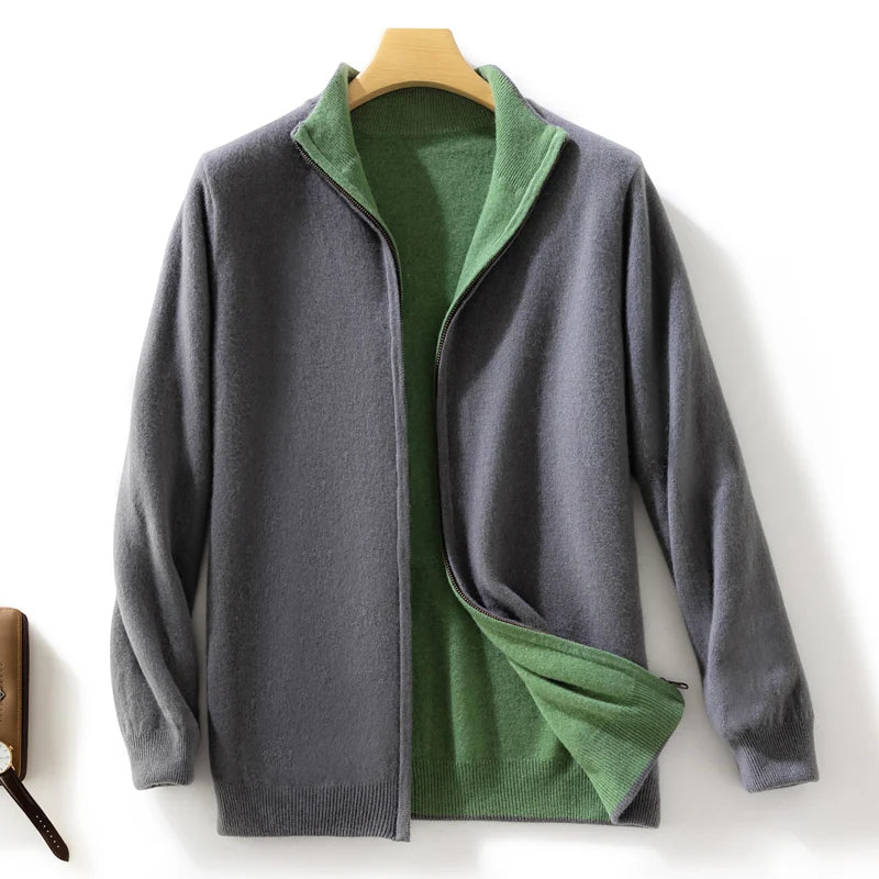 Men 100% Merino Wool Sweater Zipper Cardigan Wear Both Sides Autumn Winter Thick Warm Casual Cashmere Jumper Knitwear Coat Tops