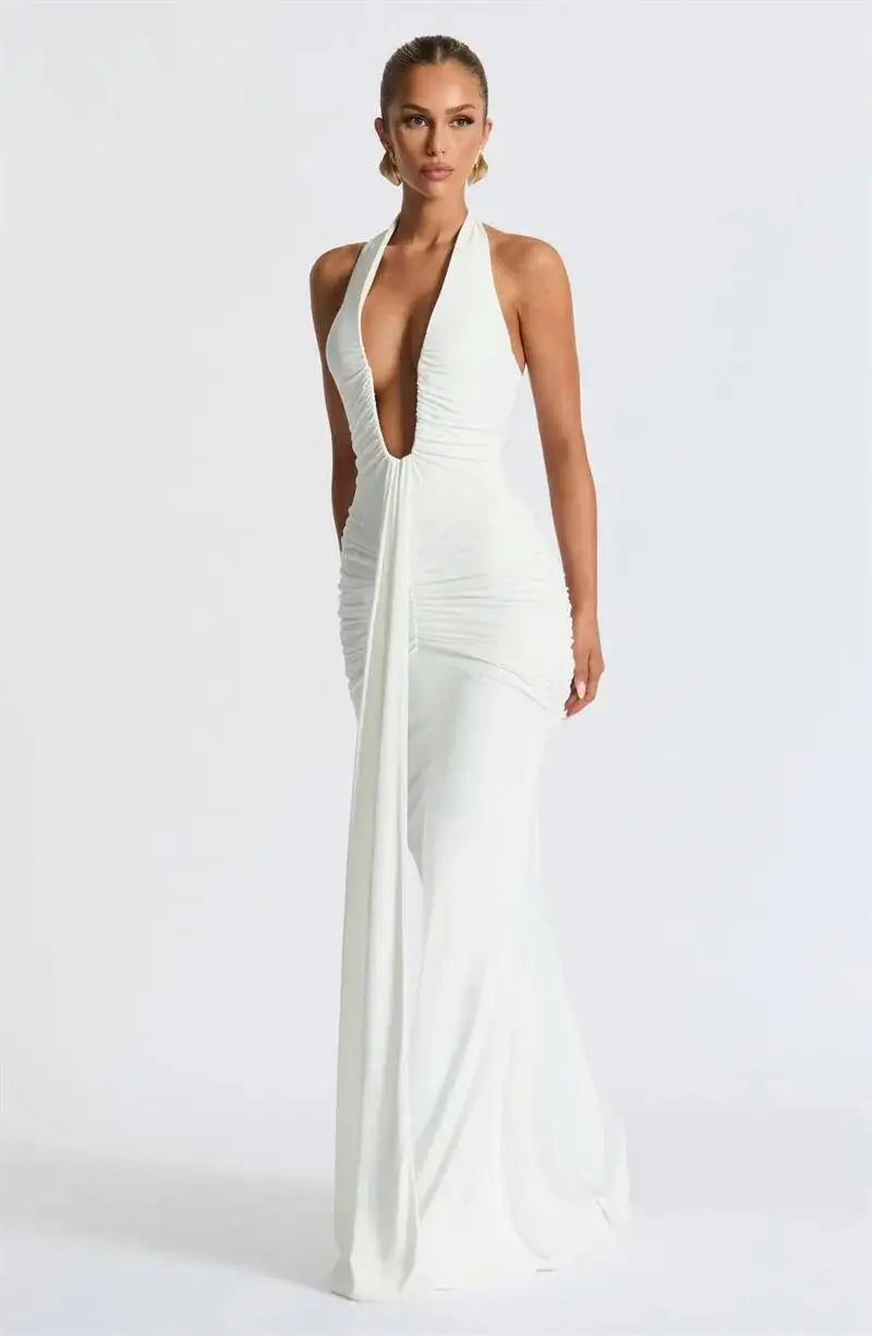Deep V Neck Draped Ruched Sexy Maxi Dress Women Summer Fashion Halter Sleeveless Backless Club Party Long Dress Elegant BM98