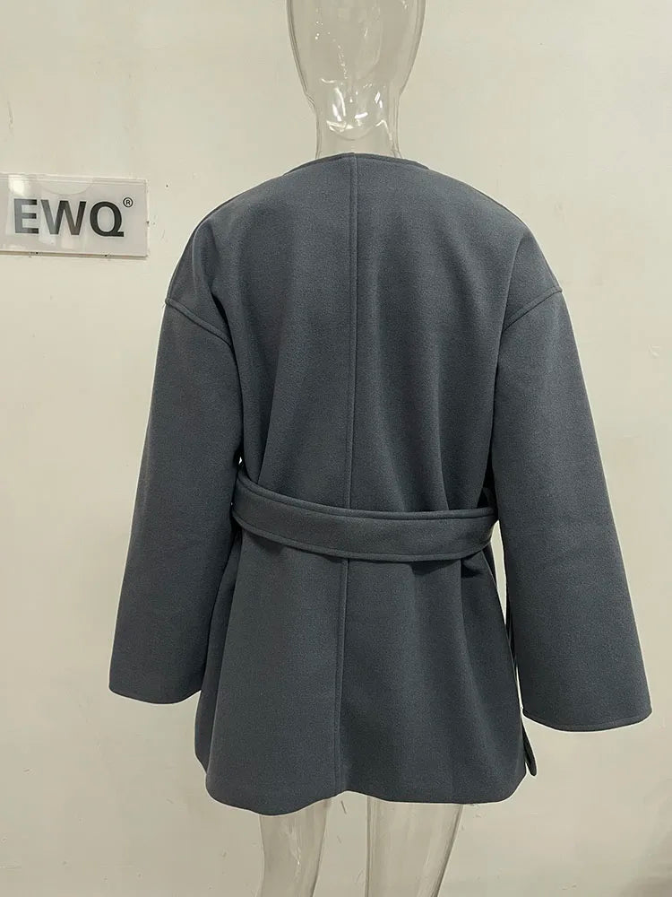 [EWQ] Khaki Fashion Woolen Coat With Belt Women Long Sleeve Elegant Lapel Wool Jacket Outwears 2025 Autumn Winter New 16U5035