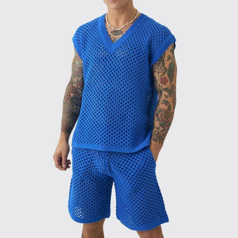 New Men's Summer Casual Knit V Neck Two-piece Sets Fashion Solid Loose Tank Tops and Shorts Sport Suit Men Hollow Out Streetwear