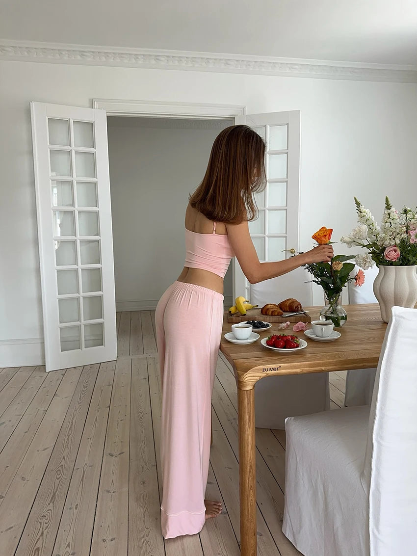 Hiloc Cute Woman Pink Spaghetti Strap Bow Top Suit Elastic Drawstring Floor-Length Pants Sets V-Neck Home Pullover Pajama Outfit