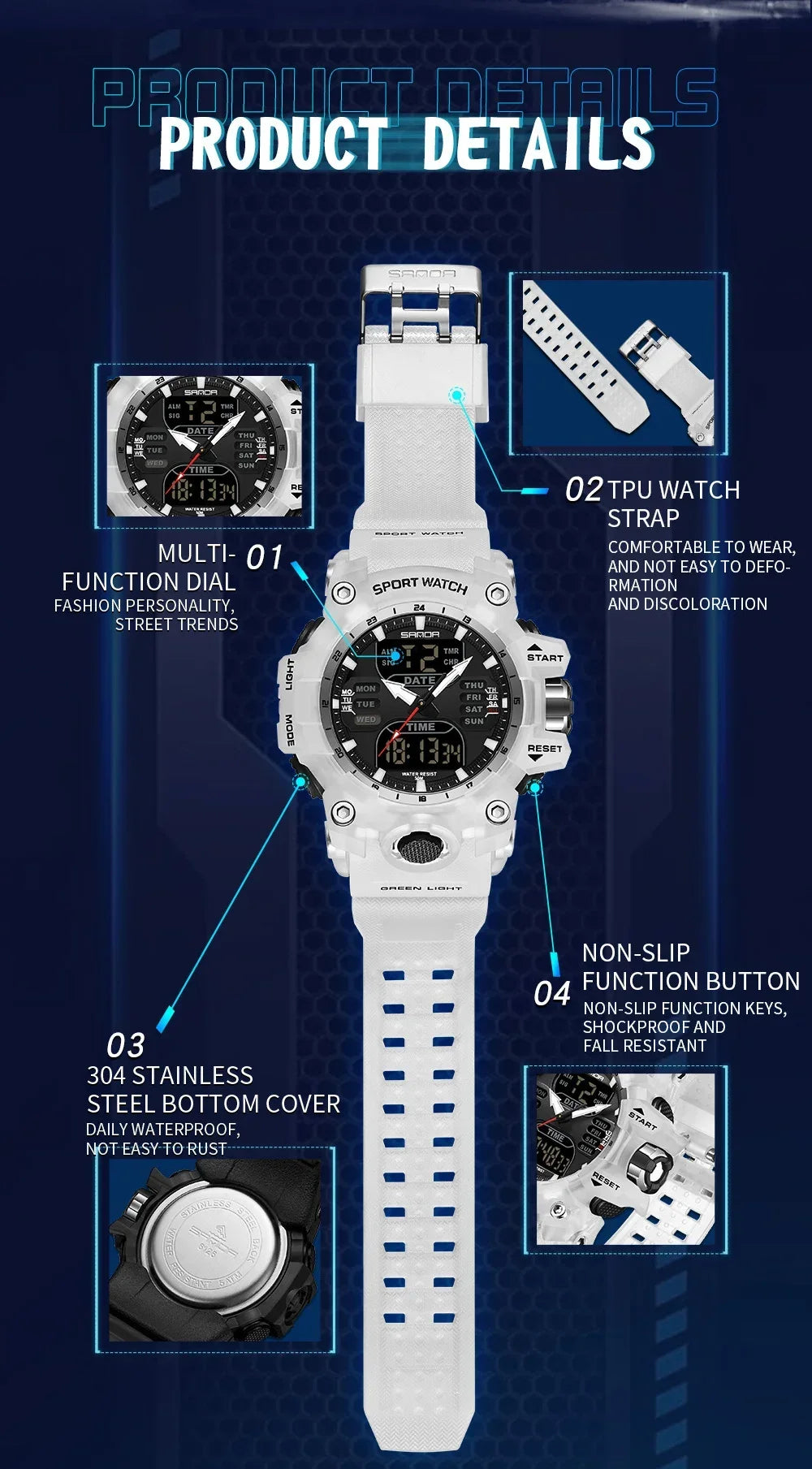 SANDA 6126 Military Man Alarm Stopwatch Quartz Wristwatch Male Digital Clock  Dual Display Men Watches Waterproof Sports Watch