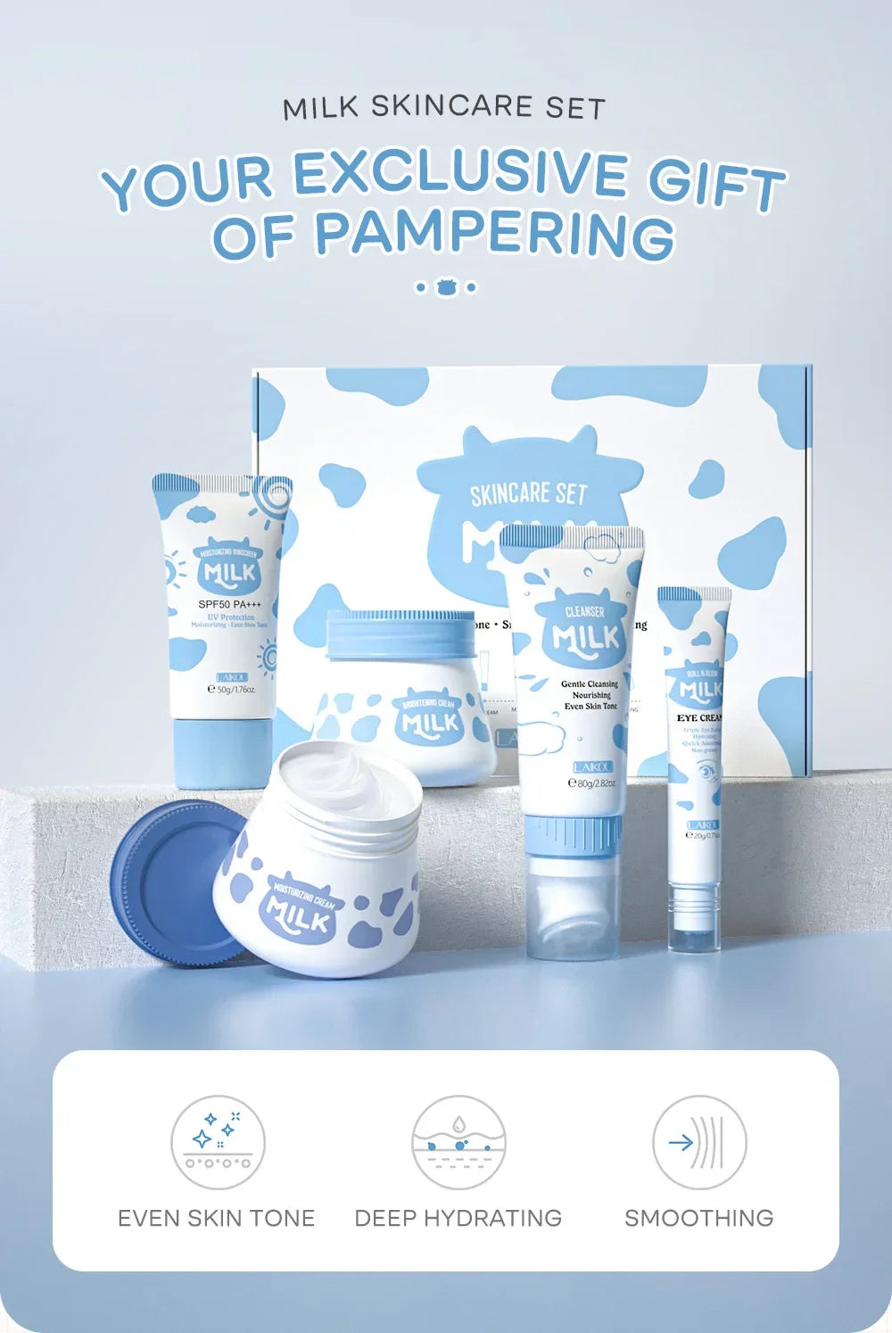 5pcs/box LAIKOU Milk Skin Care Sets Sunscreen Facial Cleanser Face Moisturizing Creams Eye Cream Repairing Smoothing Face Care