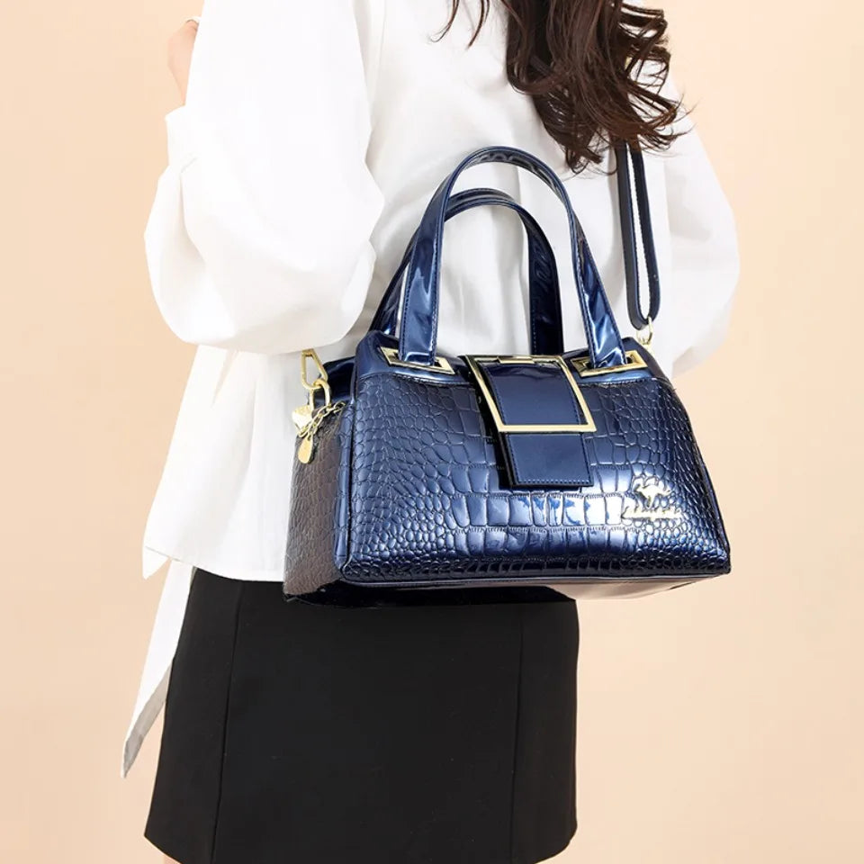Fashion Elegant Madam Handbag Crocodile Pattern with Lattice Luxury Women Shoulder Tote Bag Two Layers Ladies Bag Big Belt Sac
