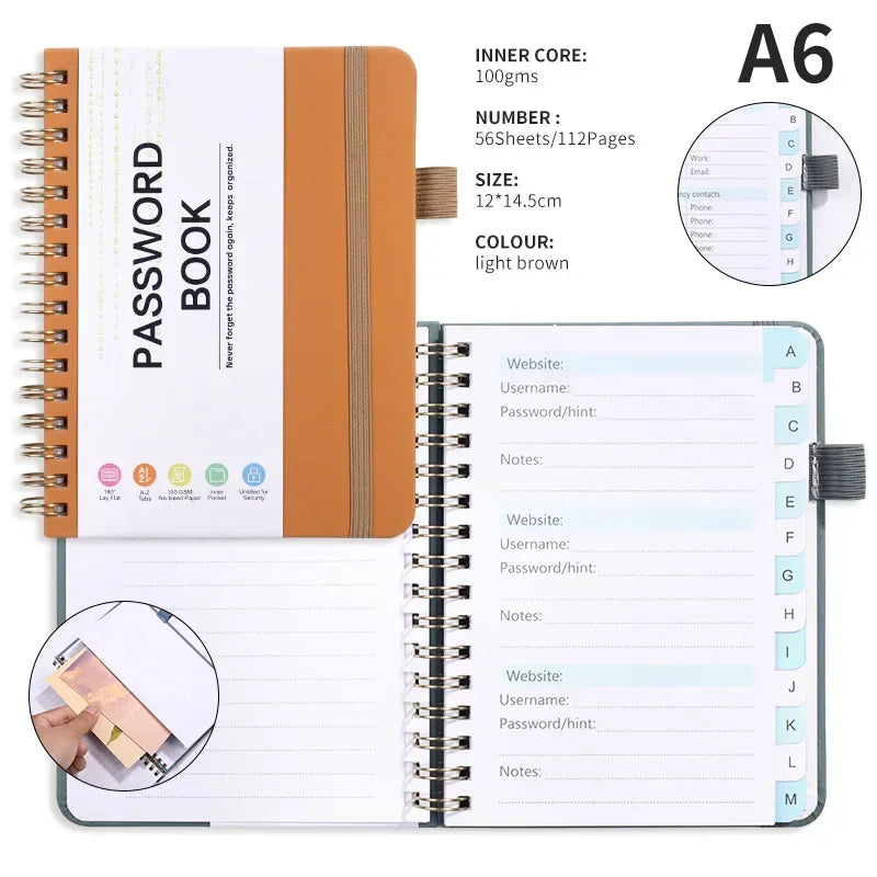 A6 Password Book Strap Spiral Notebook Website Username Password Record Notebook 56 Sheets Password Keeper Book Paper Stationery