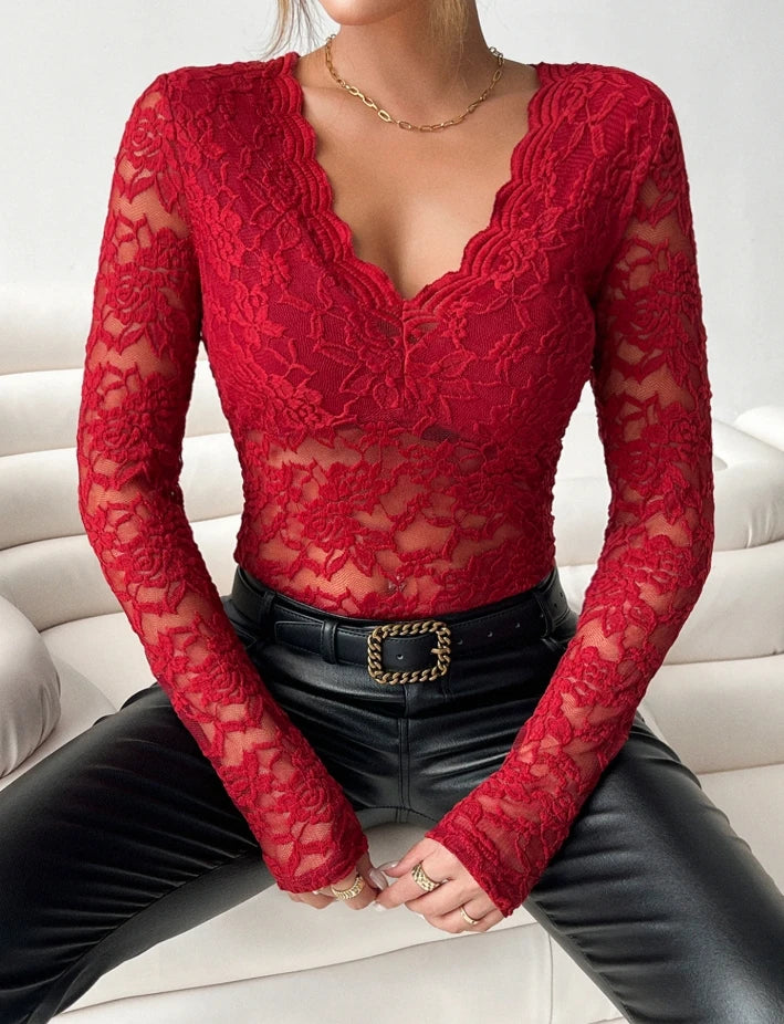 Top Women 2025 Spring New Sexy Perspective Embroidery Lace V-Neck Solid Color Long Sleeved Casual Slim Fit Daily Top