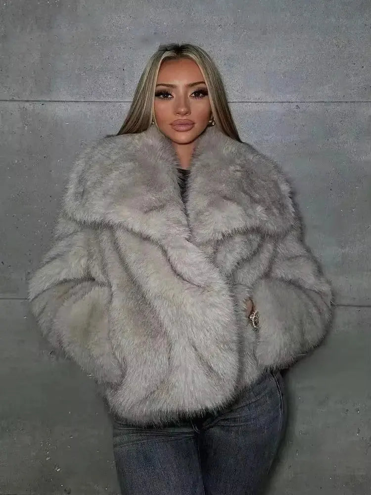 HH Women Fashion Faux Fur Jacket Vintage Turn-Down Collar Long Sleeve Coat Autumn Winter Woman Elegant Streetwear