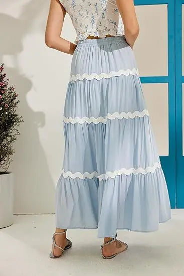 Women Dress Fashion Summer Women's Boho Elastic Waist A-line Skirt Fleece Frizzy Skirt Hem Layer Women's Vacation Outdoor Skirt
