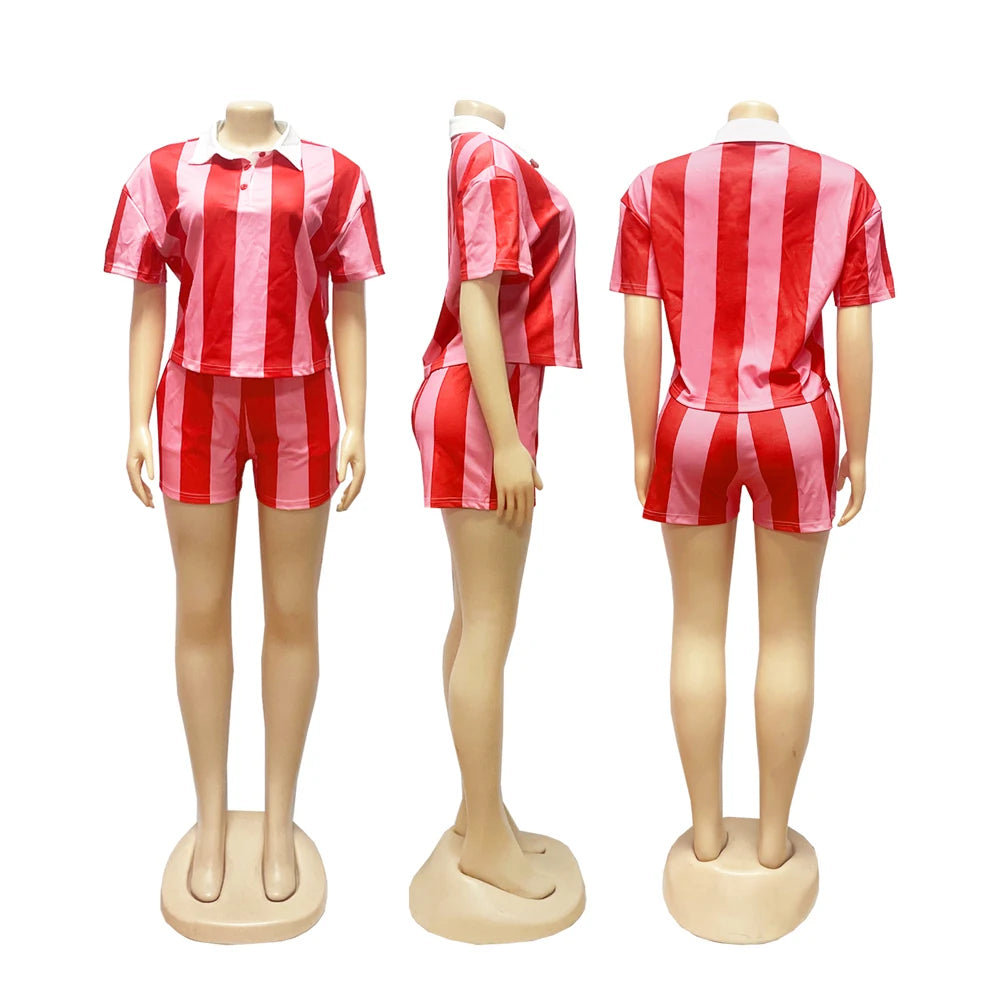 Women's Clothing Fashion Striped Sets Long Sleeve Polo-Neck T Shirt and Shorts 2025 Spring Summer 2 Two Piece Set Tracksuit