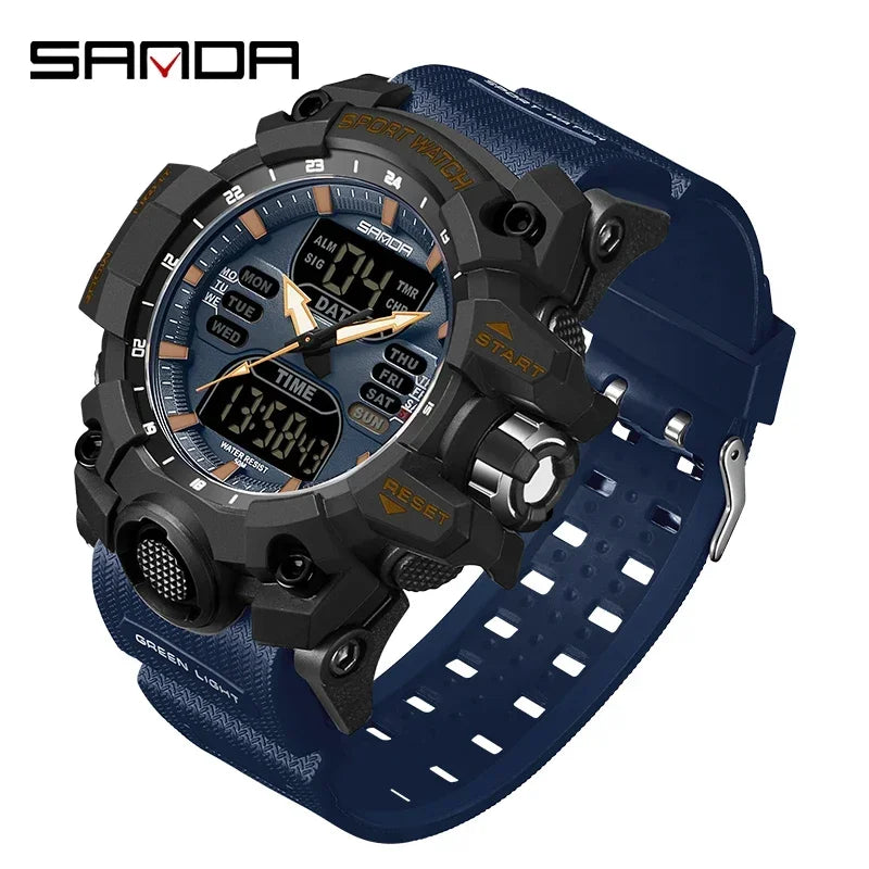 SANDA 6126 Military Man Alarm Stopwatch Quartz Wristwatch Male Digital Clock  Dual Display Men Watches Waterproof Sports Watch