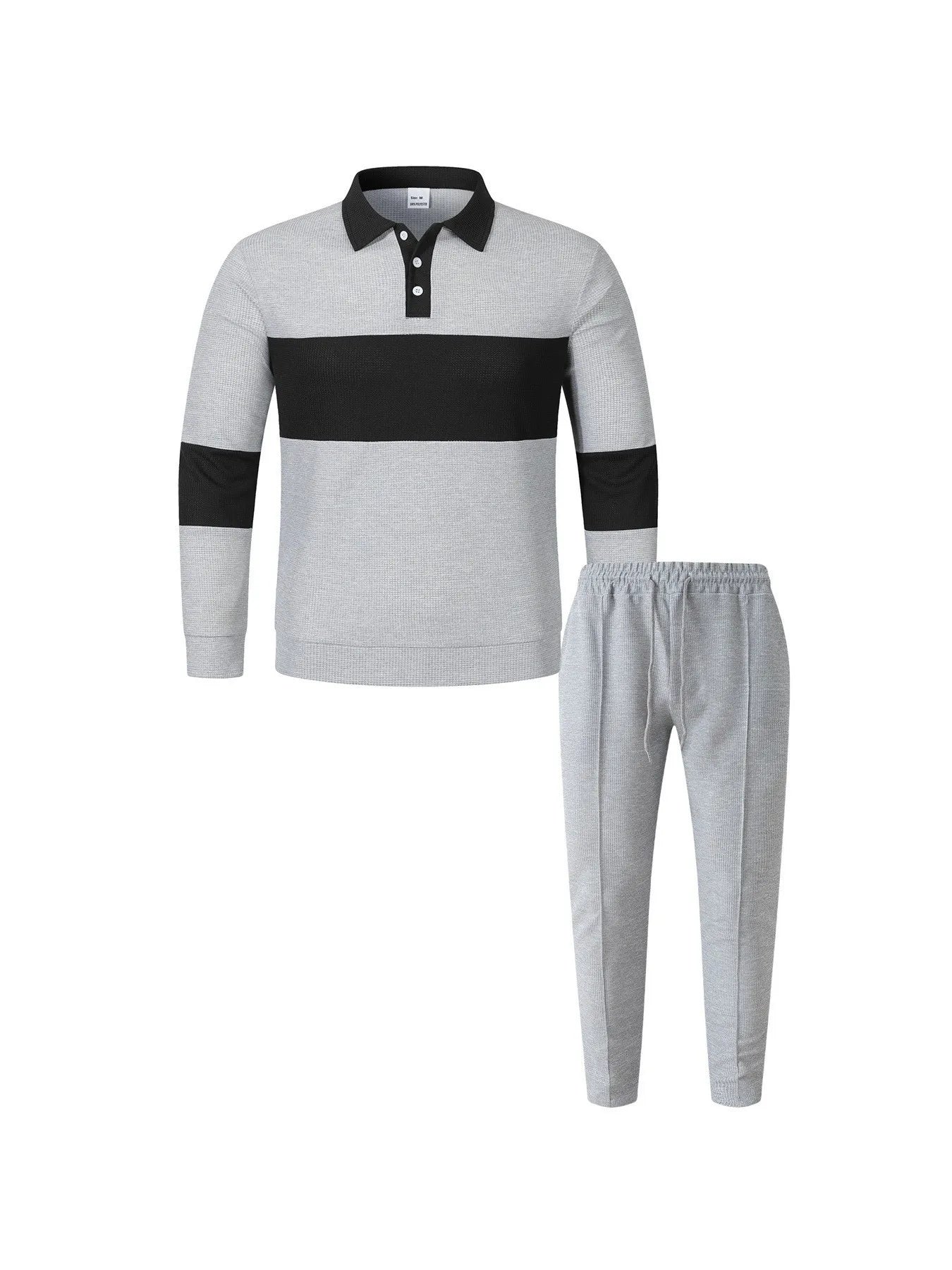 Men's Fashion 2-Piece Outfit Waffle Knit Polo Neck Top & Straight Leg Pants Set Casual Sporty Color Block Tracksuit