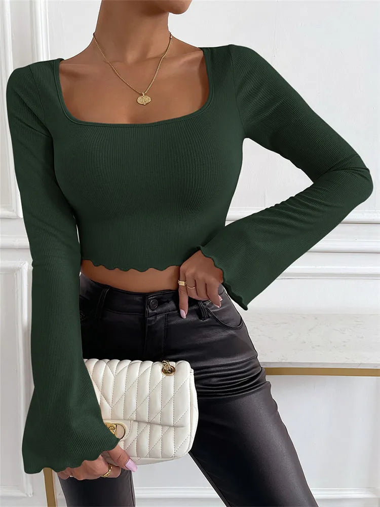Women Chic T-Shirts Spring Summer Solid Color Flare Long Sleeve Square Neck Cropped Tops Office Party Casual Basic Pullover Tops