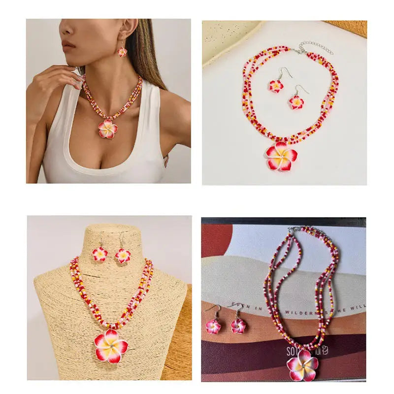 Egg Flower Earrings Necklaces Set Pendant Bohemia Flower Necklaces Earrings Drop Earrings Choker Vacation Style Jewelry Girl