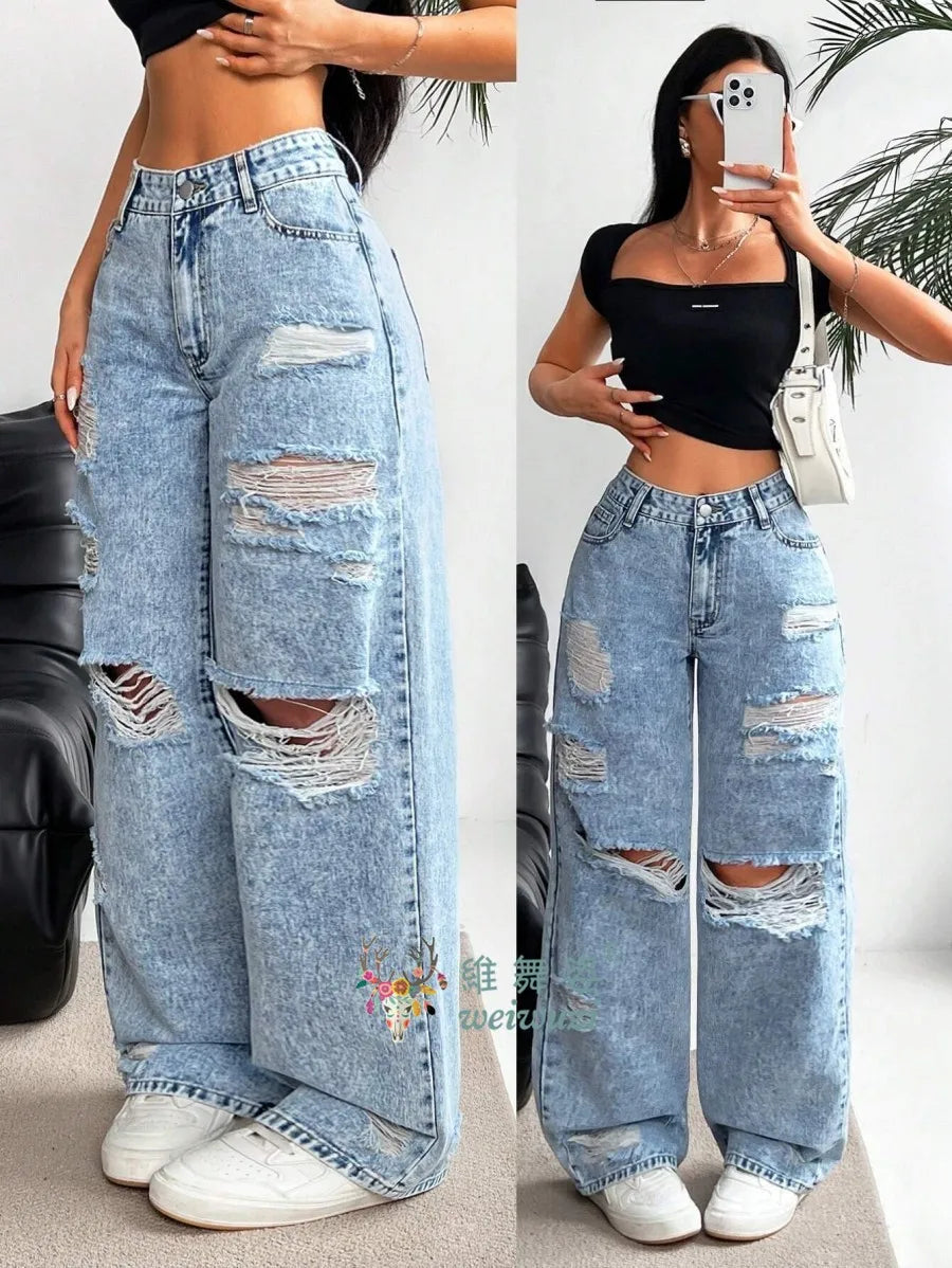 Women's Ripped Boyfriend JEANS Straight Wide-Leg Denim Pants Stretch Holes Denim Trousers Pocket Comfortable High Waist Pants