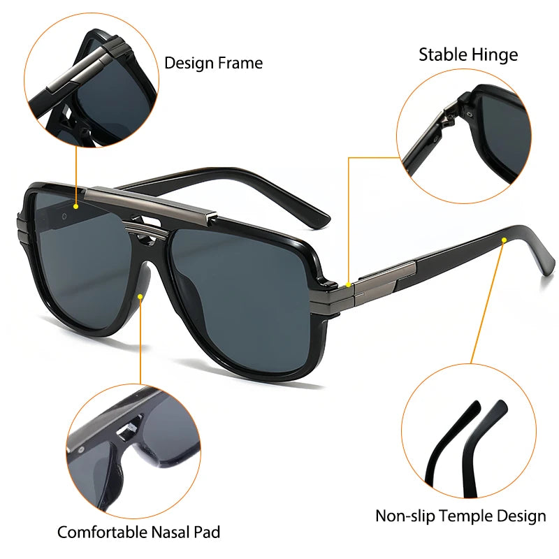 CATERSIDE Retro Square Big Frame Sunglasses Men Flat Top Double Bridge Pilot Punk Sun Glasses Women's Party Travel Eyewear UV400