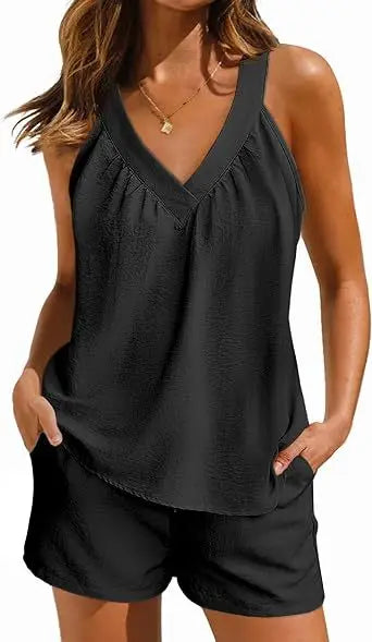 New Summer Women's 2-piece Set Pink V-neck Vest Elastic Pocket White Stylish Black Shorts Set