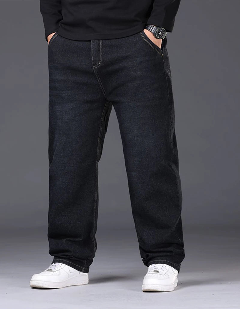 Men Fashion Plus Size 38 40 Black Jeans Male Business Daily Casual Loose Denim Pants Minimalist Stretch Straight Leg Trousers