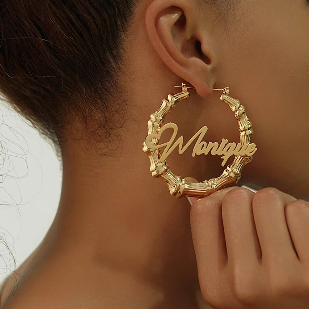 Bamboo Custom Name Earrings 50mm 80mm 100mm Big Hoop Earrings for Women Gold Stainless Steel Jewelry Personalized Christmas Gift