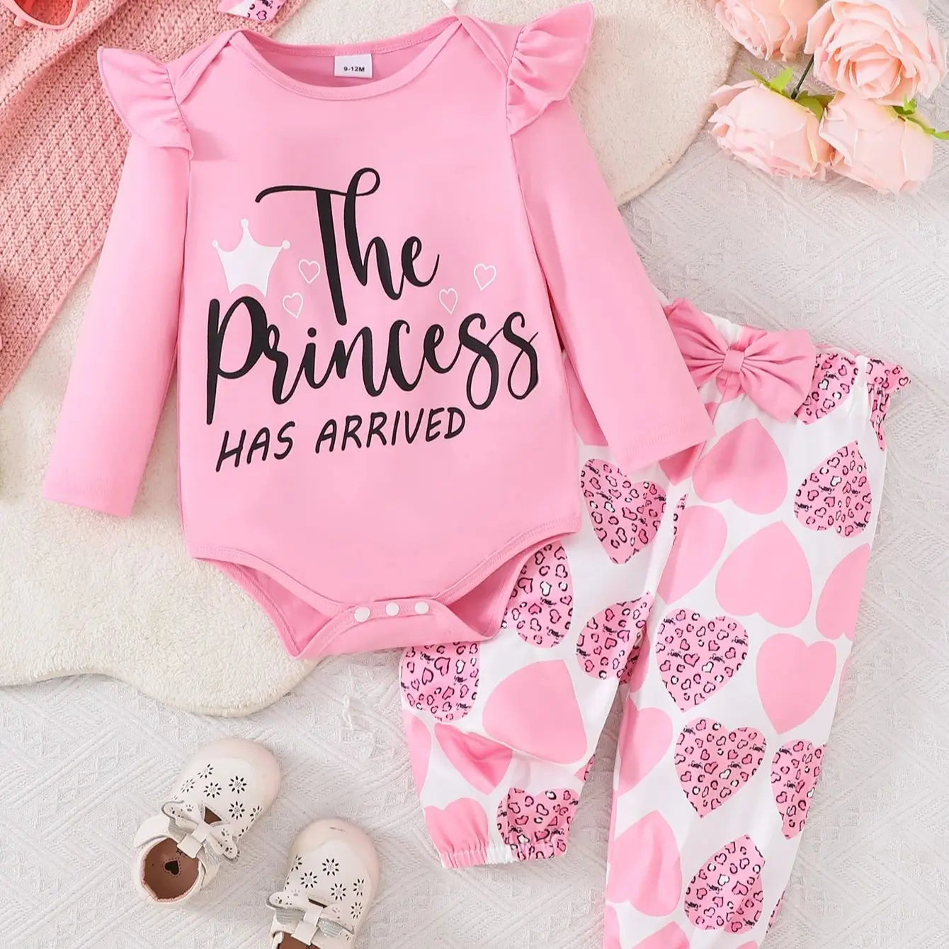 Girls Spring Autumn Casual Long Sleeve Letter Print Pink Triangle Romper Full Print Long Pants Headscarf Set