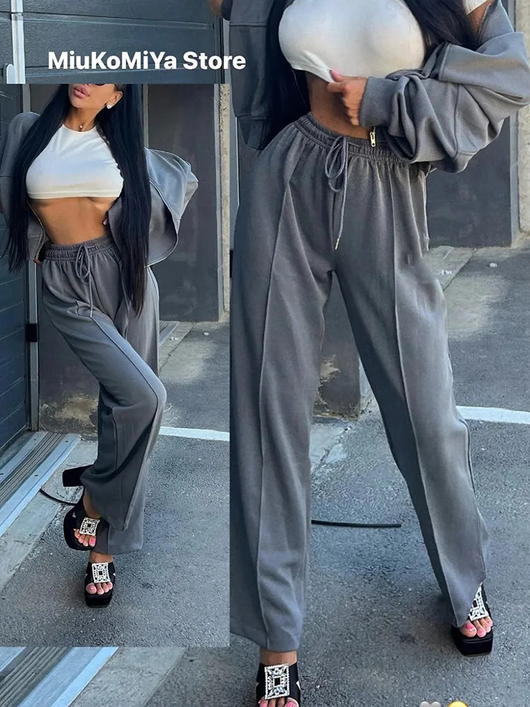 Gray Straight Pants Two Pieces Sets Women Outfit Long Sweatpants Street Wear Zipper Jacket Track Suits Sweatshirt Sets For Women