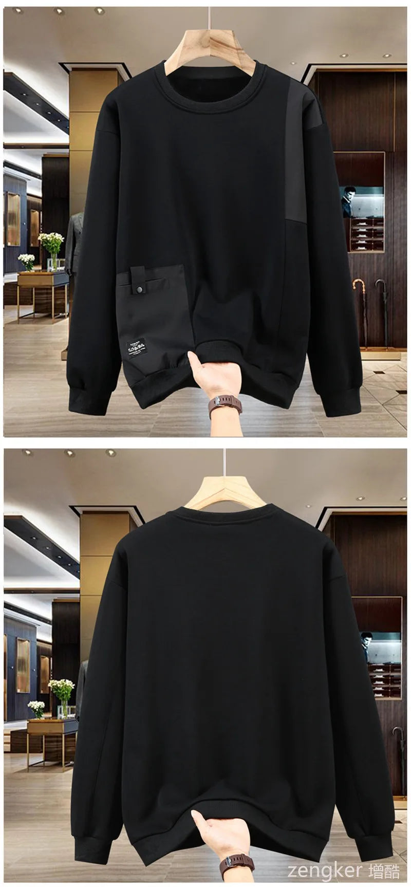 Extra-large spring autumn hoodie for men looseness round neck large size casual style patchwork design base shirt for overweight
